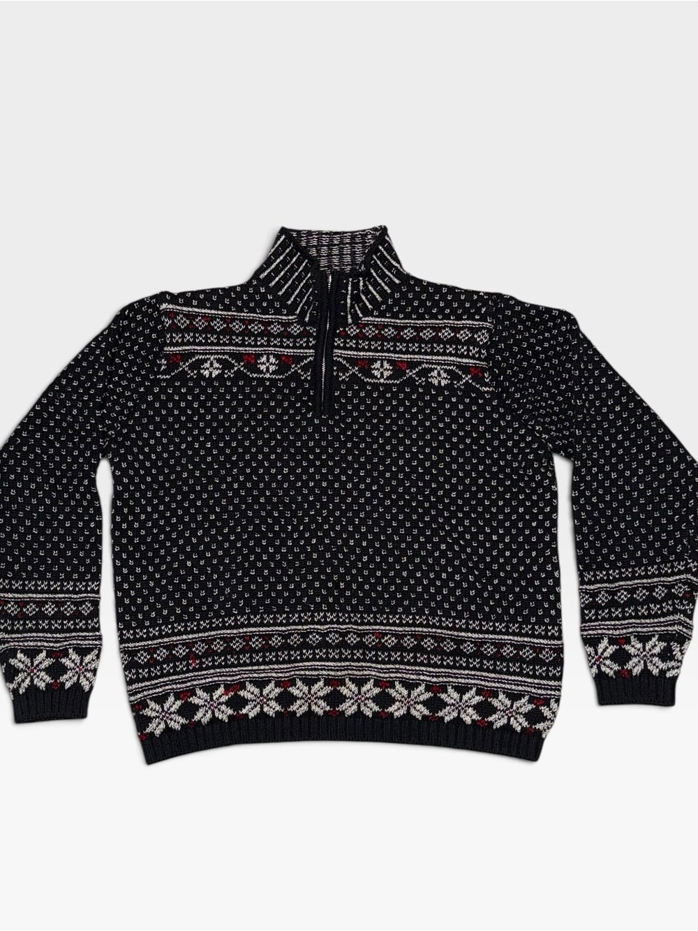 Vintage Black Fair Isle Zip-Up Sweater with White & Red Accents